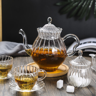 加热凉水壶杯碟英式 英伦风条纹茶壶套装 下午茶壶玻璃壶手工花茶壶