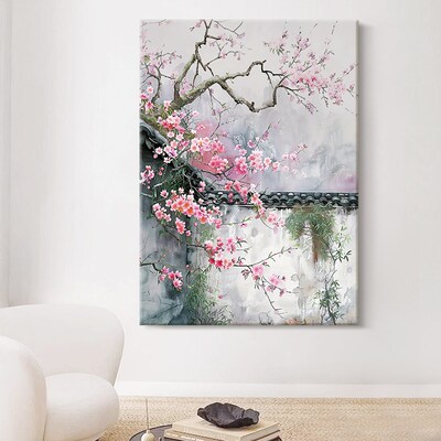 玄关新中式梅花雪景装饰画客厅抽象水墨肌理挂画国风花卉手绘油画