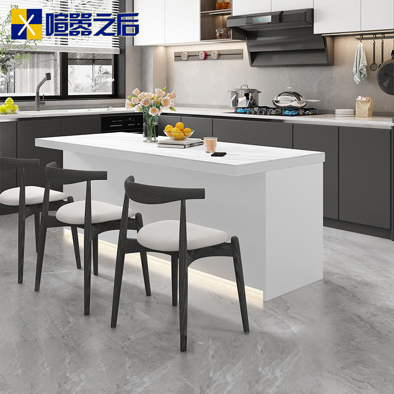 奶油风纯白岩板岛台餐桌一体开放式厨房水吧台西厨中岛台料理台