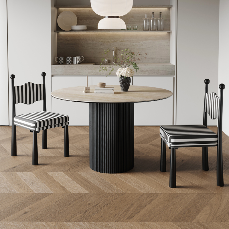 吉诺威 侘寂风圆桌洞石岩板餐桌设计师样板间法式复古圆形桌子