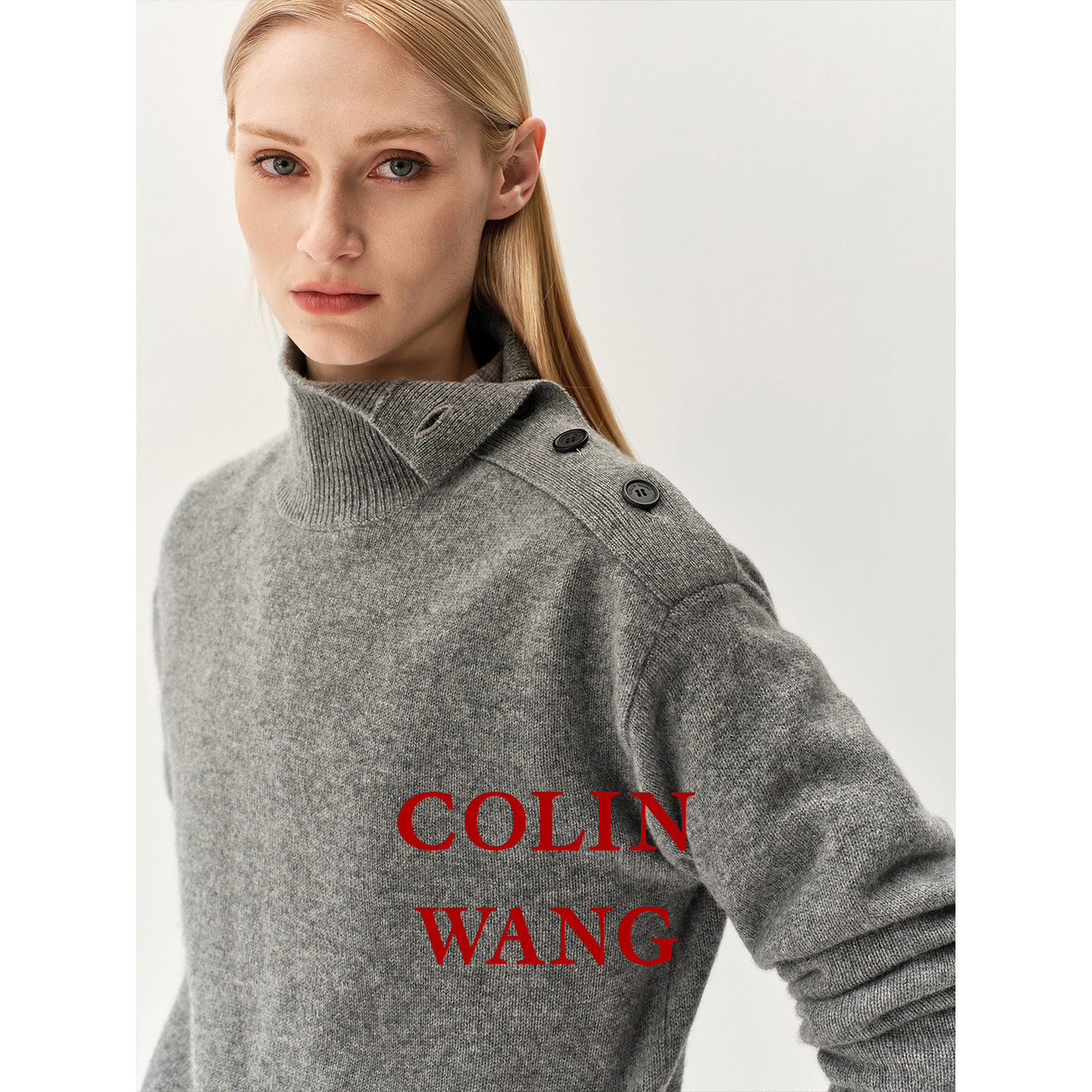 COLINWANG-大地礼赞|獨家定纺山羊绒高领优雅设计感侧系扣针织衫