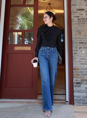 COLIN WANG-‘迎风的气场'土耳其弹力微喇超模腿高腰牛仔裤张若愚