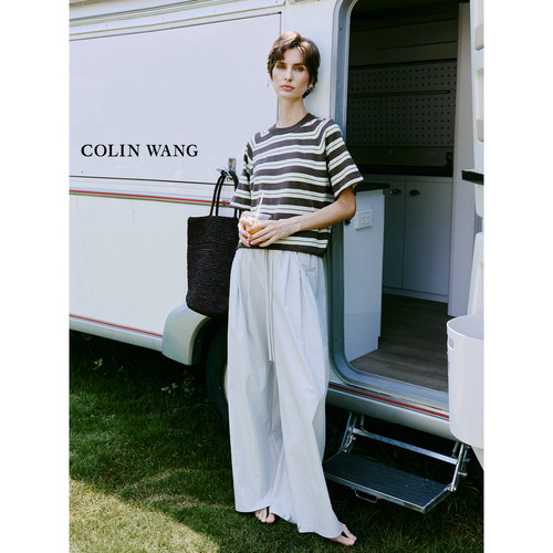 COLINWANG-绿庭闲阅|定染定纺羊毛棉松弛休闲条纹针织短袖张若愚