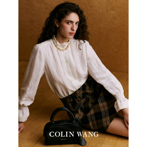 COLINWANG-佩里月光|真丝亚麻法式复古宫廷木耳边立领衬衫张若愚