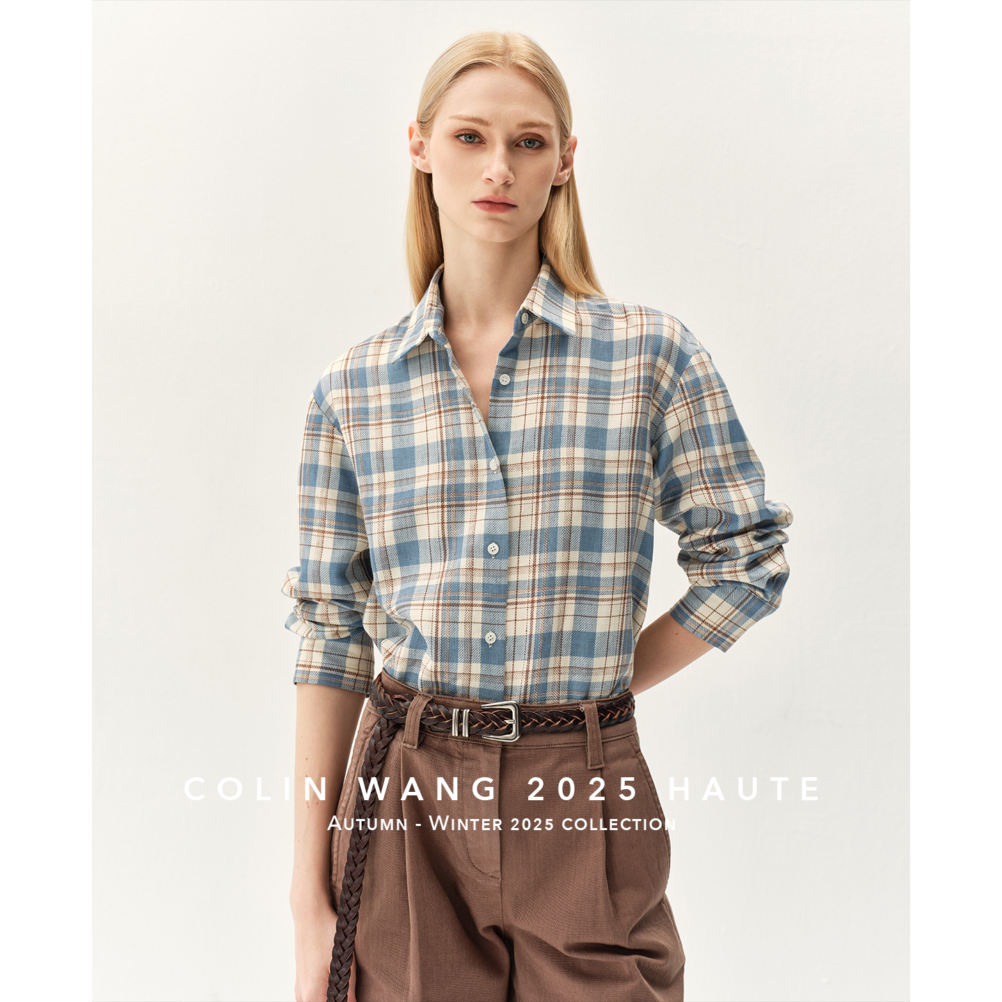 COLIN WANG-'蔚蓝云朵'意大利进口羊毛亚麻清爽格纹衬衫张若愚