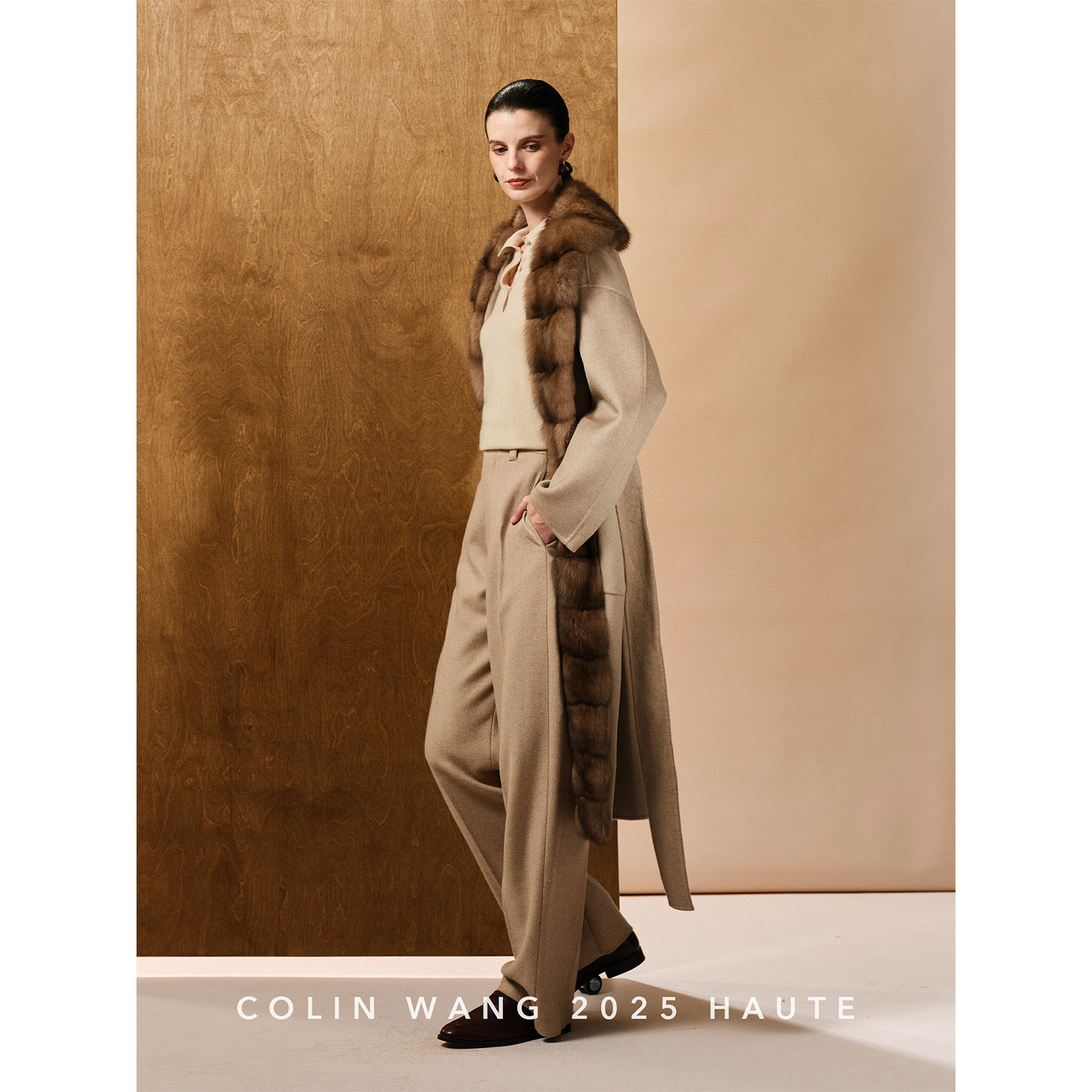 COLINWANG-都市风华录|奢牌同源14μm羊绒紫貂领腰带双面呢大衣