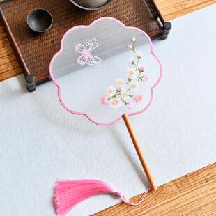 蝶机绣团扇双面长柄苏绣汉服扇子中国风冰丝流苏旗袍走秀送闺蜜