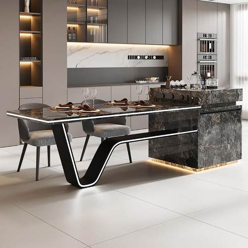 龙擡头岛台餐桌一体高端定制岩板导台带茶台烧水家用V脚别墅定制