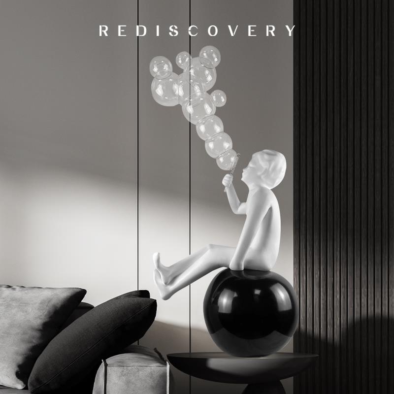 现代卡通大型落地软装吹泡泡人物雕塑摆件玄关大堂样板房艺术装置