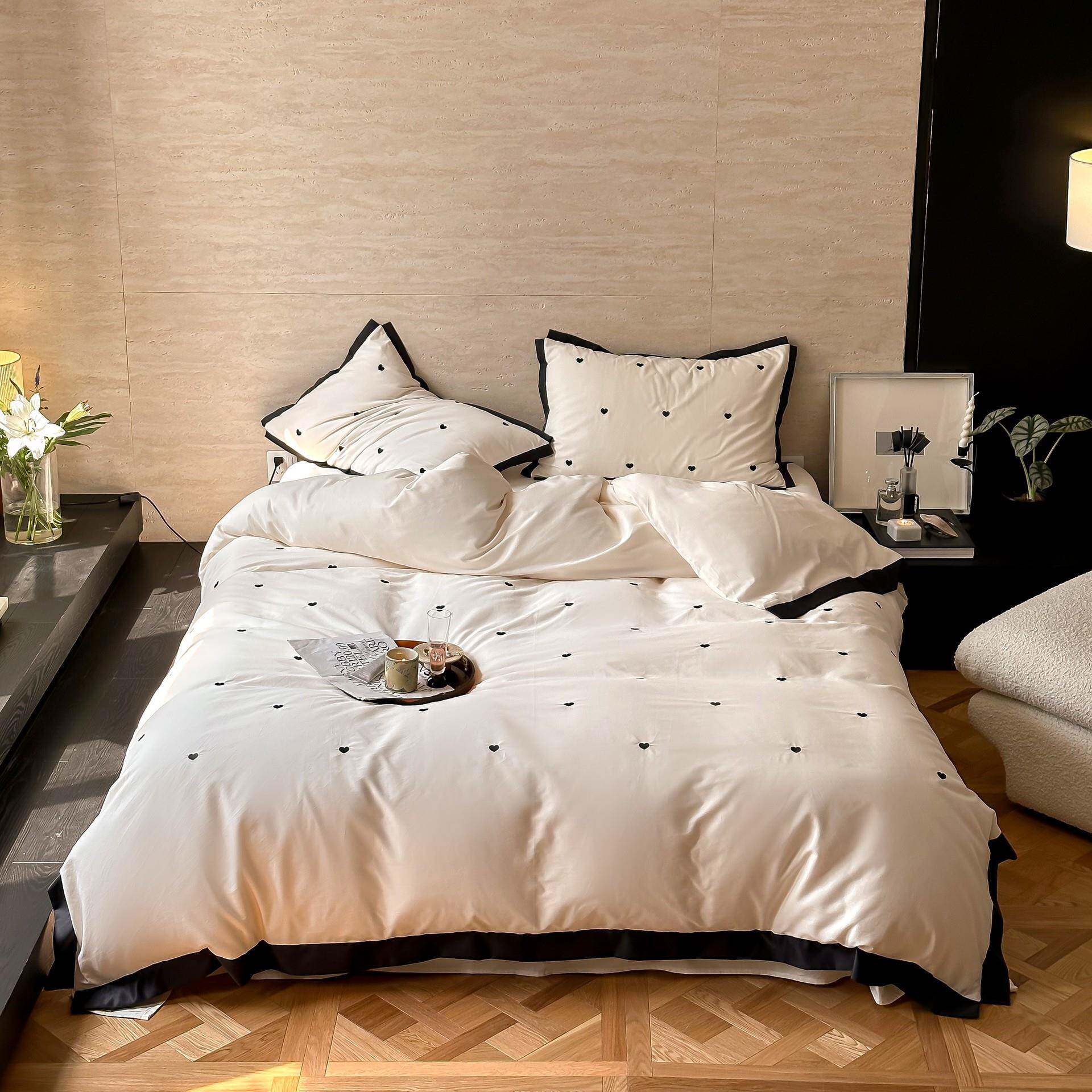 秋冬季复古风100S全棉磨毛四件套加厚保暖爱心刺绣纯棉被套床品