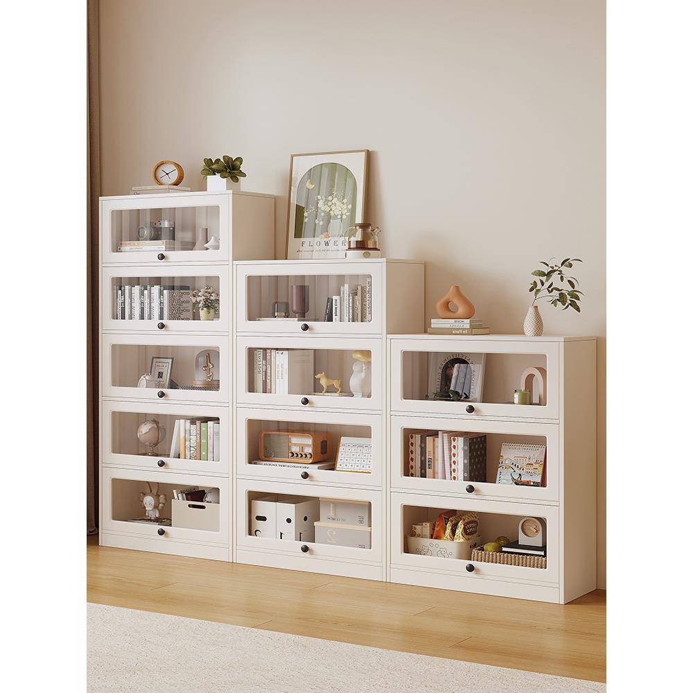 实木防尘书柜奶油风翻门玻璃书架展示柜落地简约现代书房收纳柜子