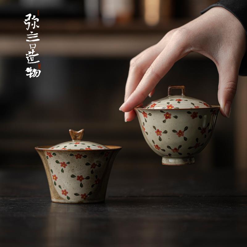 弥言仿柴烧盖碗家用手绘泡茶碗茶杯防烫泡茶器纯手工复古粗陶盖碗