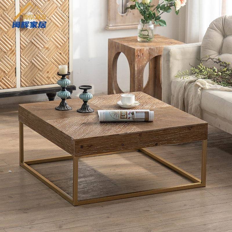 美式复古做旧方桌客厅原木色圆形茶几简约做旧边几民宿茶桌矮桌