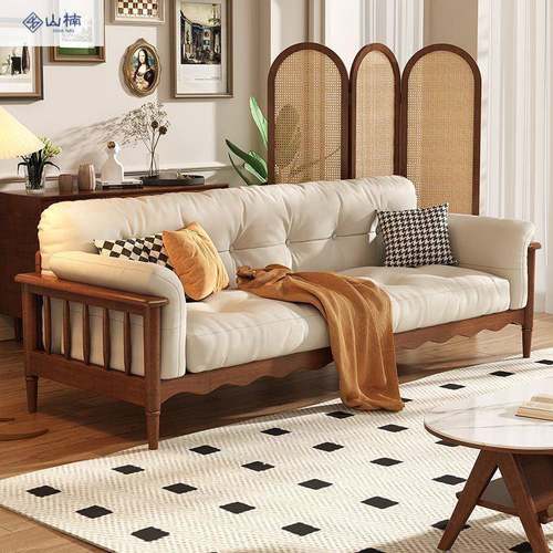 新中式奶油风小户型直排布艺沙发法式实木沙发复古云朵三人位