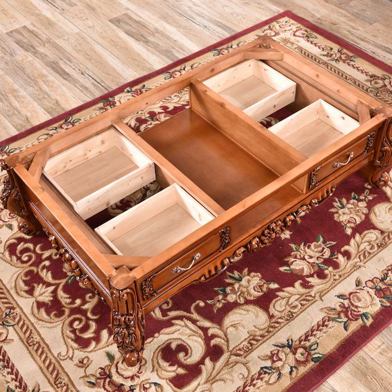 欧式实木茶几大理石长方形茶几美式客厅家用储物茶几仿古色