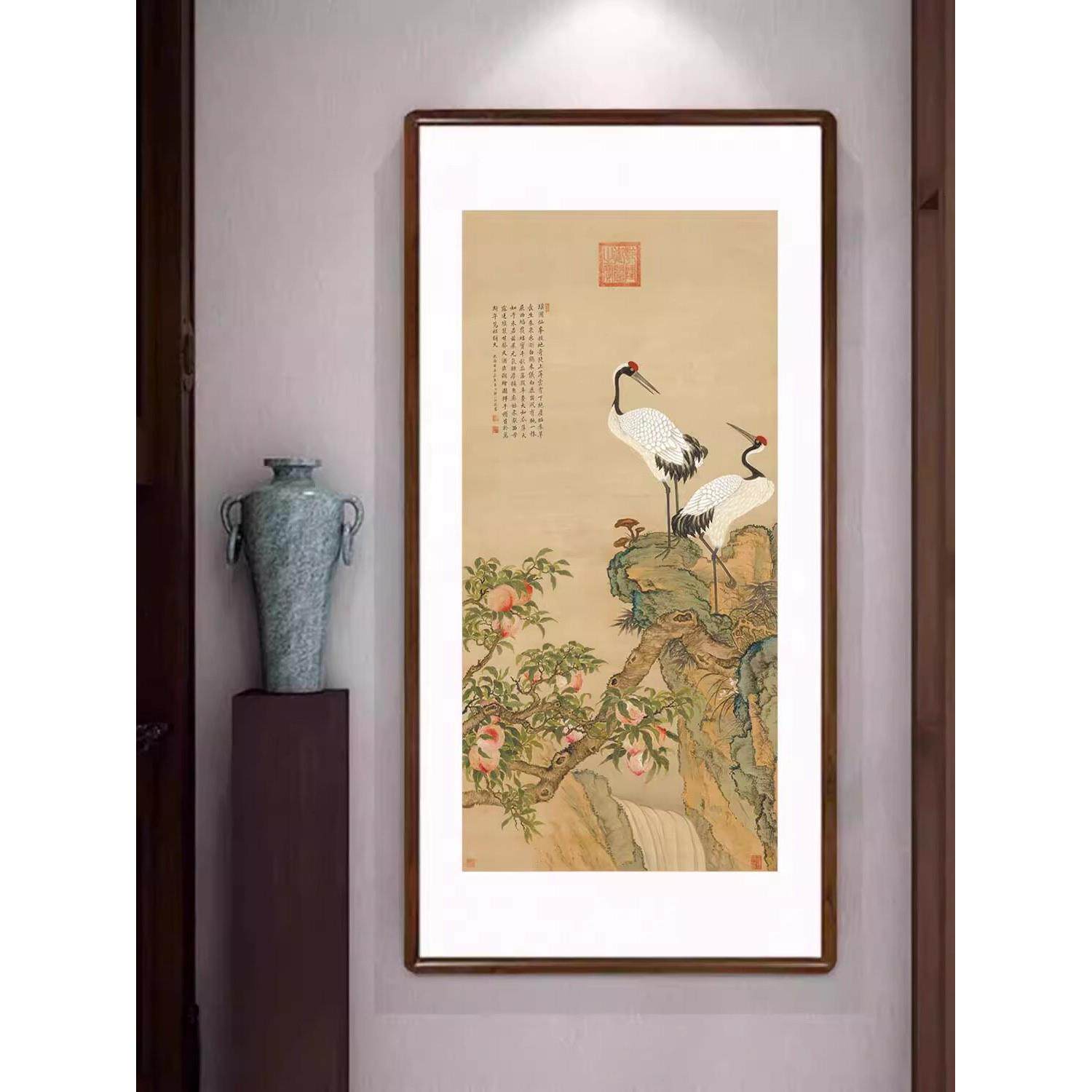 仙鹤挂画新中式客厅入户玄关装饰画寓意好的壁画邹一桂蟠桃双寿图