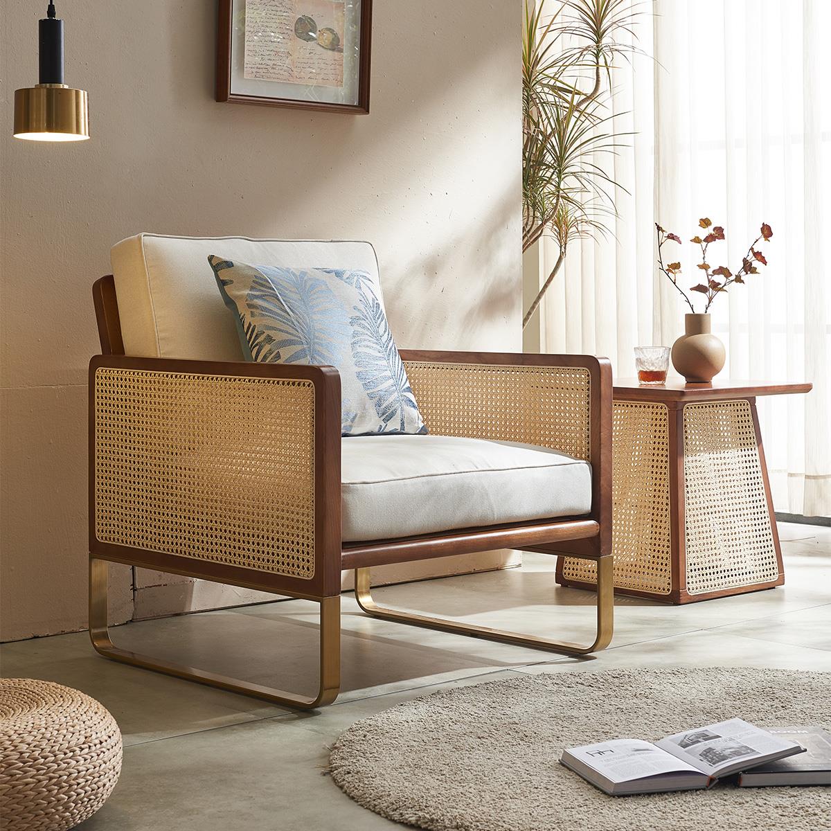 北欧复古藤编沙发椅酒店咖啡厅接待会客洽谈设计师实木单人休闲椅