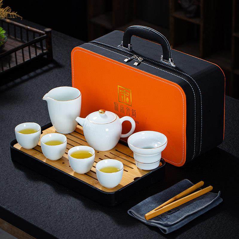 旅行功夫茶具小套装家用简约泡茶壶影青陶瓷茶杯户外茶盘便携式包