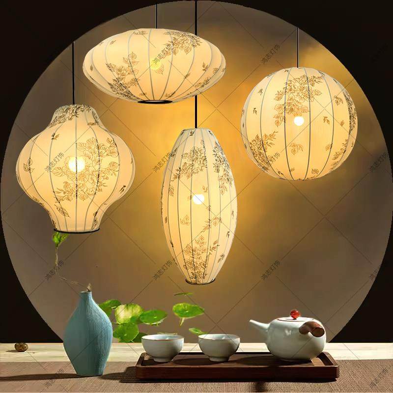 中古餐厅吊灯禅意复古茶室灯侘寂风竹子花纹客厅卧室布艺灯笼灯