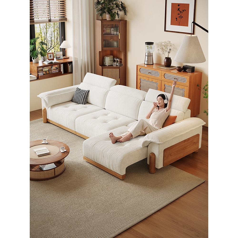 客厅电动沙发床小户型日式奶油风新款多功能伸缩直排原木布艺沙发