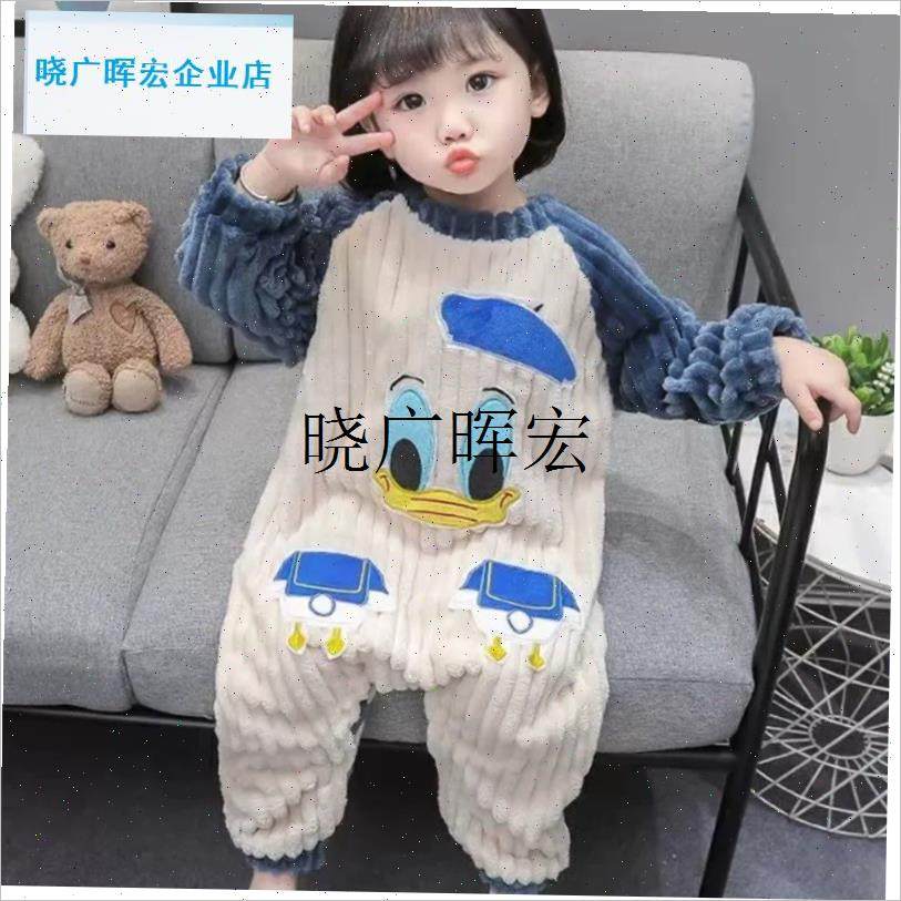 宝宝睡衣秋冬季儿童珊瑚绒加厚z防踢睡袋婴儿女童法兰绒连体家居l