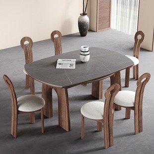 中古风胡桃色实木岩板可伸缩折叠餐桌法式小户形方可变圆功能饭桌