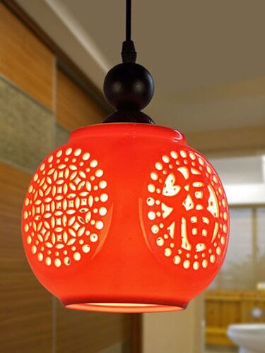 中国红灯笼阳台过道玄关吊灯门厅走道灯中式陶瓷小吊灯笼喜庆灯笼