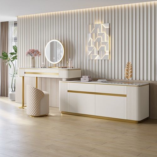 现代轻奢岩板卧室伸缩梳妆台电视柜组合一体收纳家具加镜子化妆桌