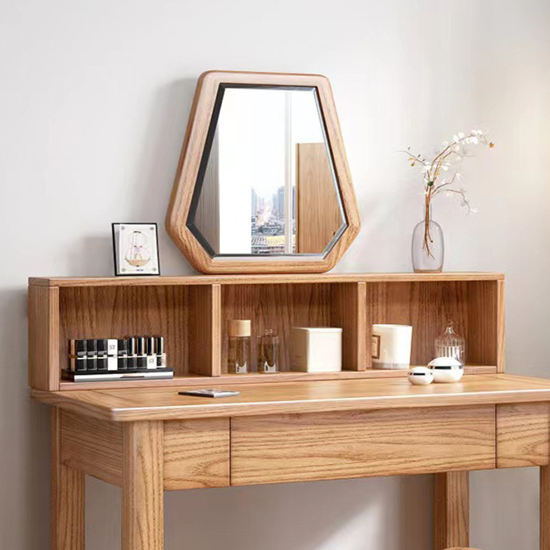 北美红橡木梳妆台纯实木化妆桌带凳子镜子组合简约现代小户型