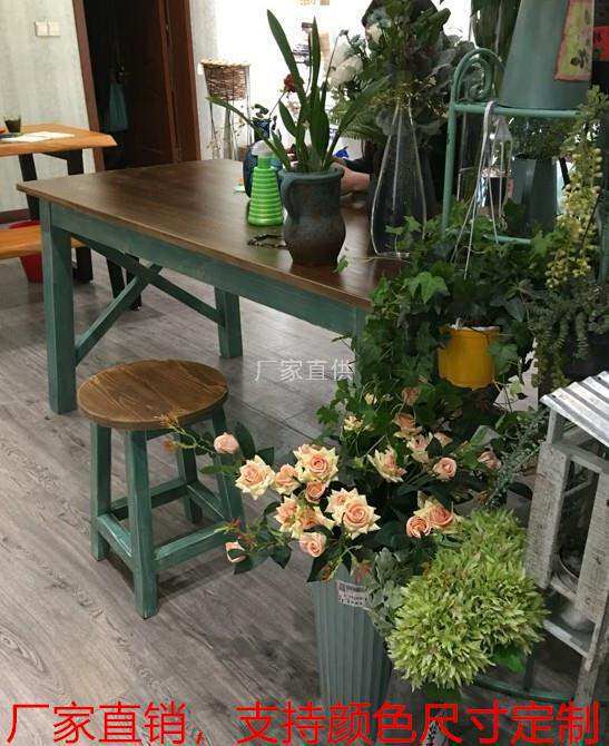 实木桌子快餐椅子组合餐饮店花店艺术包花桌工作台复古彩色餐桌椅