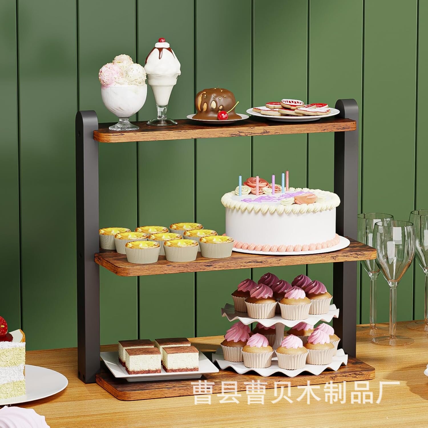 三层置物架桌面派对纸杯甜品展示架厨房木制多层调料架实木整理架