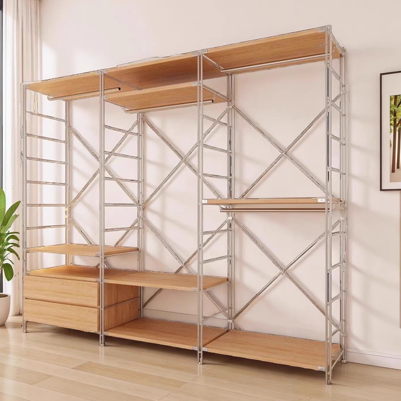 开放式衣柜挂衣架客厅挂衣架落地日式简易置物架步衣柜组合