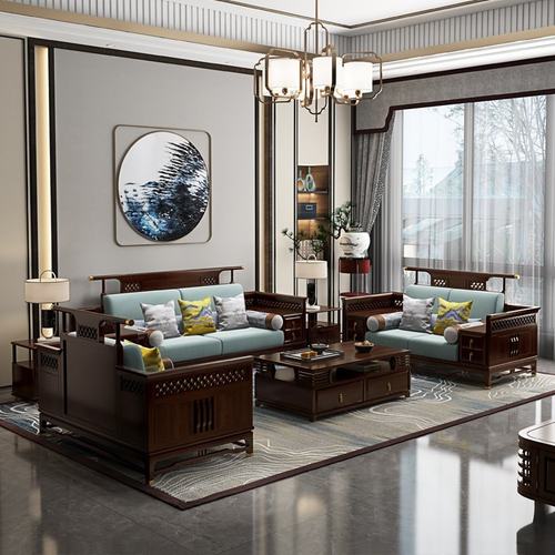 新中式实木沙发组合大客厅乌金木皮质沙发轻奢样板房黑檀木家具