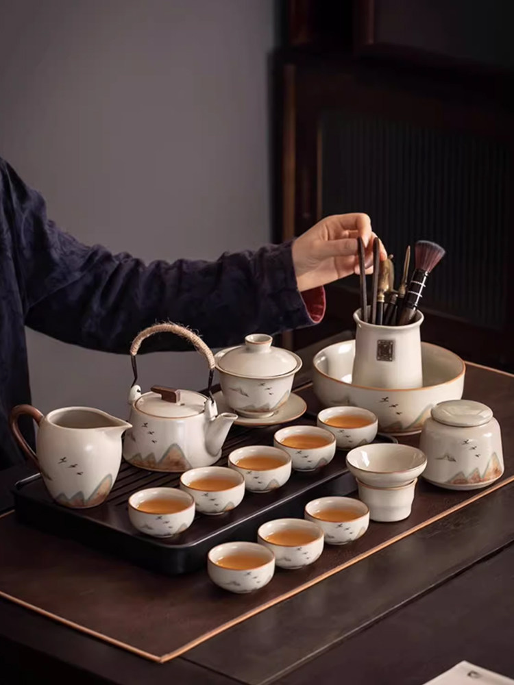 米黄汝窑功夫茶具套装家用陶瓷茶壶盖碗茶杯茶盘整套轻奢高档送礼