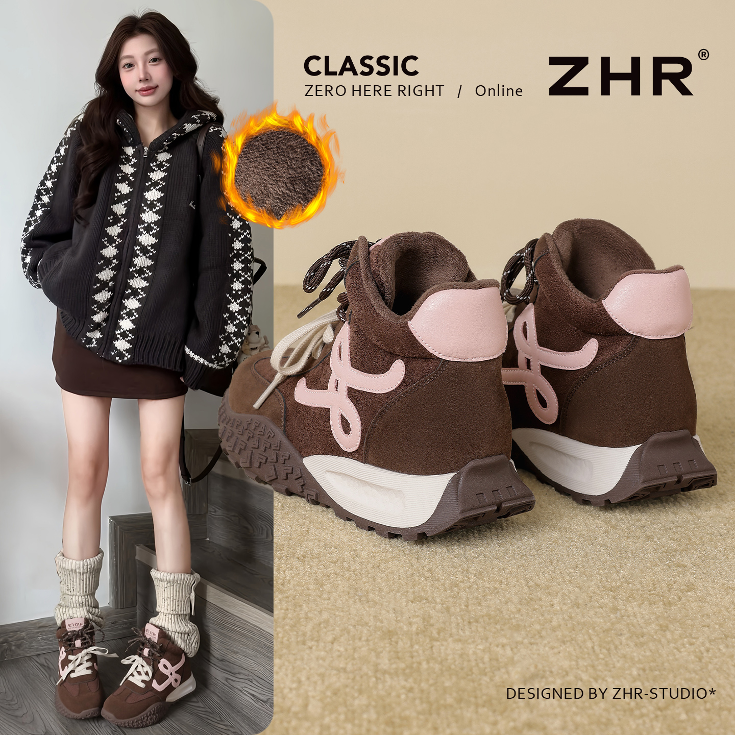 ZHR厚底内增高加绒休闲鞋女冬季新款保暖百搭雪地靴复古德训鞋女
