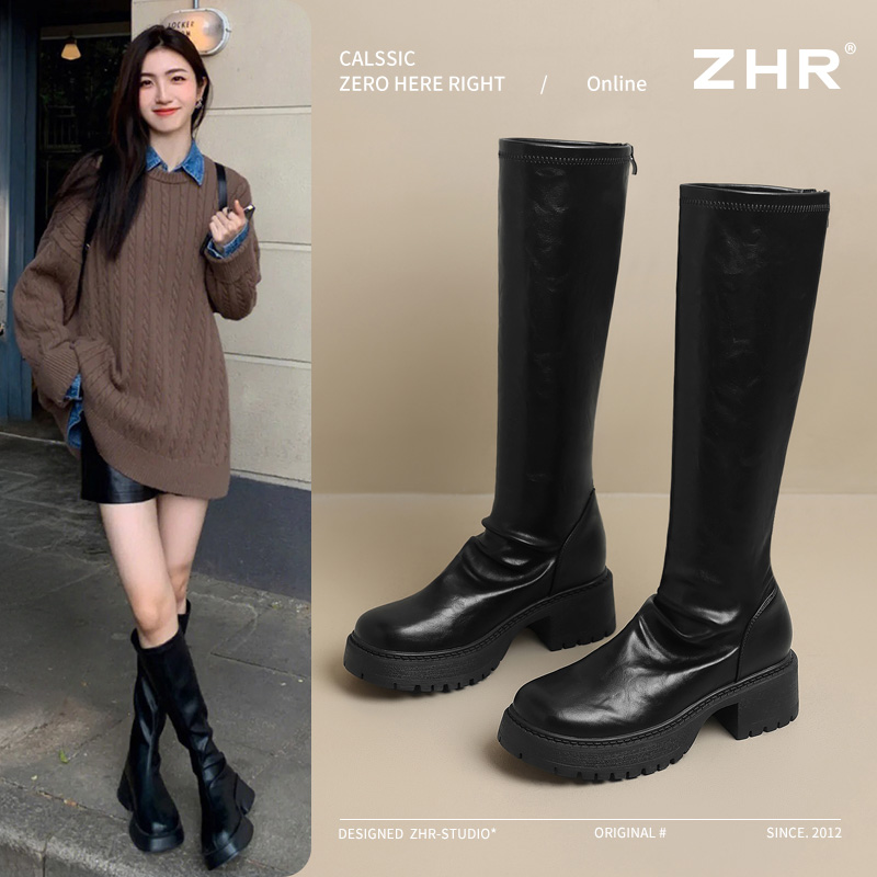 ZHR则则弹力瘦瘦靴女微皱长靴