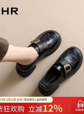 ZHR乐福鞋女2024秋冬新款英伦风一脚蹬黑色小皮鞋粗跟百搭单鞋子
