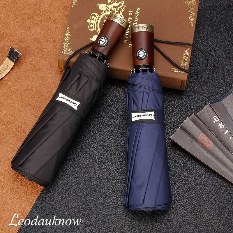 欧士多娜Leodauknow10骨全自动雨伞  男士商务实木铜柄黑胶太阳伞