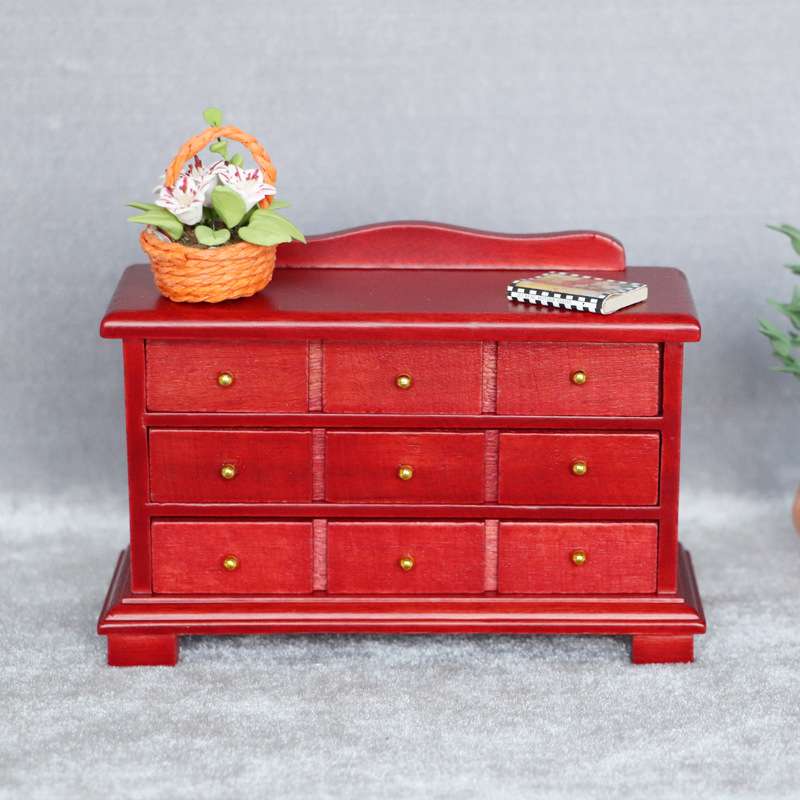 1:12娃娃屋dollhouse迷你家具模型抽屉柜客厅微场景红木色柜子