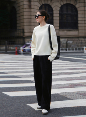 2026春新款18针美丽诺精纺绵羊毛扬子纱线毛衣百搭阔腿弯刀裤套装