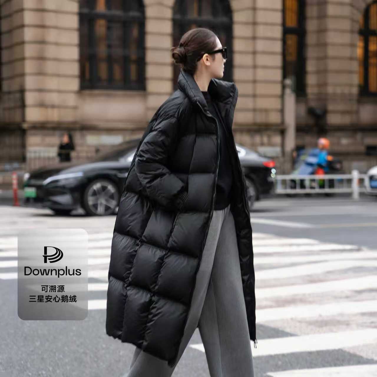 黑色廓形长款防钻风鹅绒羽绒服女