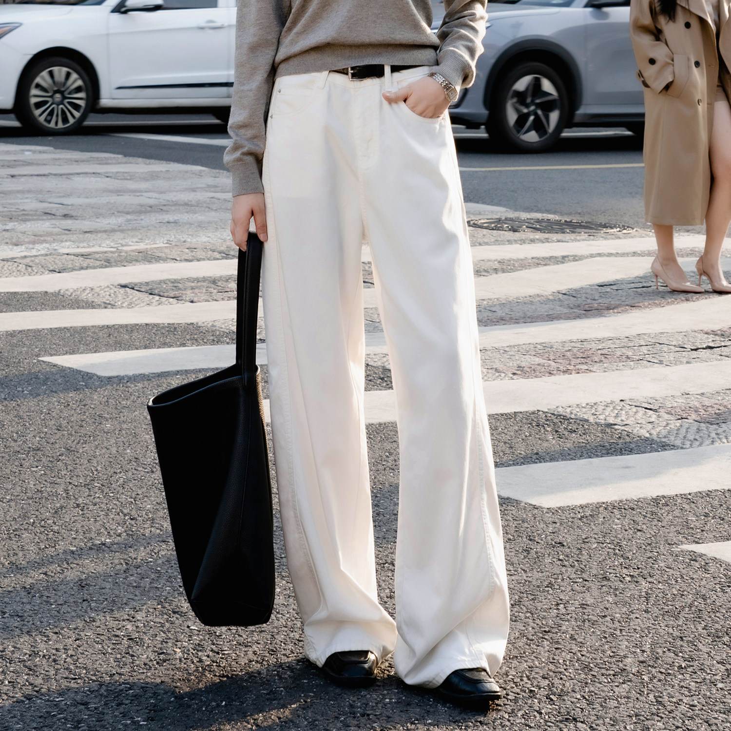 Cleanfit简约老钱风高腰宽松显瘦牛仔阔腿裤女休闲裤百搭白色长裤