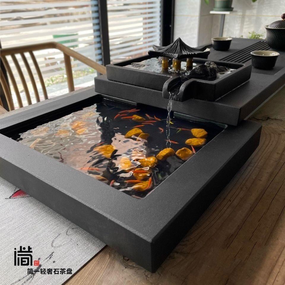 乌金石茶盘家用端茶台中式干泡台流水养鱼托盘茶海天然功夫茶具