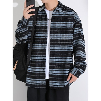 港风衬衫男款秋季美式条纹