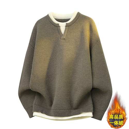 加绒保暖假两件V圆领针织衫上衣秋冬新款宽松休闲男士慵懒风毛衣