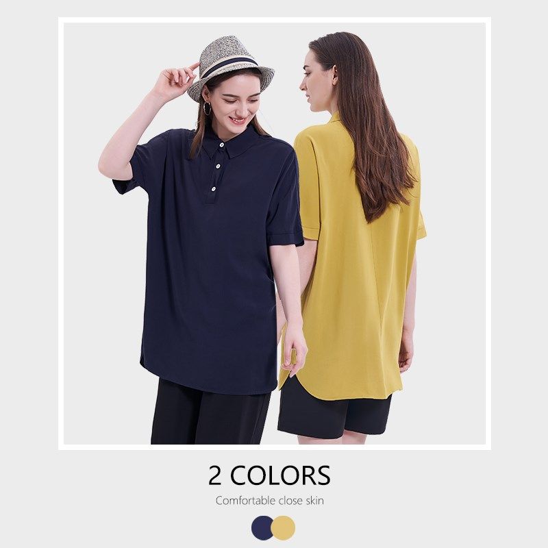法式Polo领雪纺衫女夏装2025新款立领中长款短袖气质小众衬衫上衣