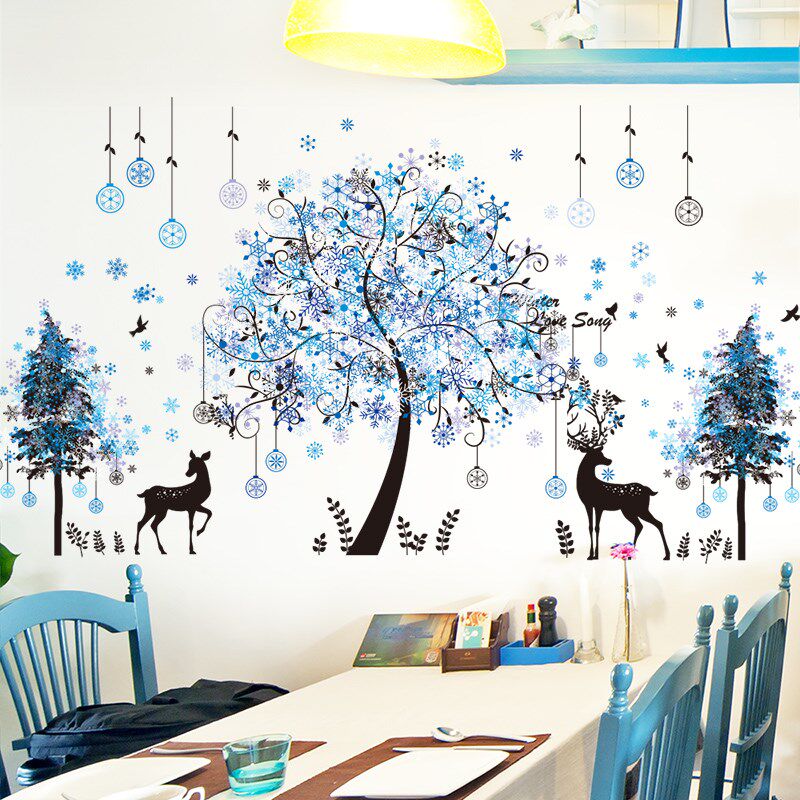 客厅墙面墙壁纸背景装饰品自粘墙贴纸贴画蓝色浪漫树林唯美雪花林