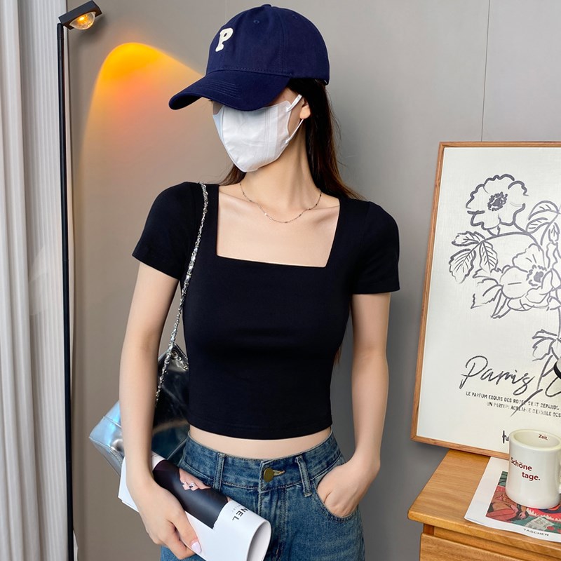 纯棉白色短款方领短袖t恤女春夏低领露脐打底衫内搭紧身u领上衣潮