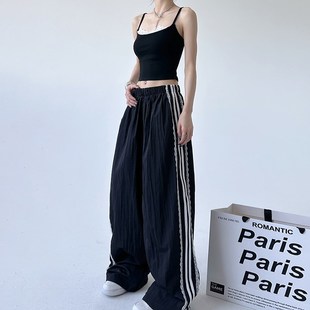 时尚 秋季 洋气蕾丝休闲裤 高腰长裤 子 街头阔腿裤 黑色裤 女2024新款