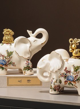 家居装饰品陶瓷大象摆件电视柜酒柜客厅高档旺宅葫芦裂纹釉工艺品